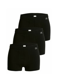 Pack of three black boxer briefs made of soft fabric, featuring a fitted design, elastic waistband, and a logo tag on the front.