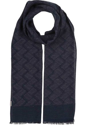 Dark blue scarf with a textured checkered pattern, rectangular shape, and fringed ends, folded to form a loop at the top.