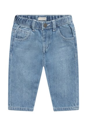 Lichtblauwe denim babyjeans met elastische tailleband, knoop aan de voorkant, riemlussen en twee voorzakken. Maatlabel zichtbaar aan de binnenkant.