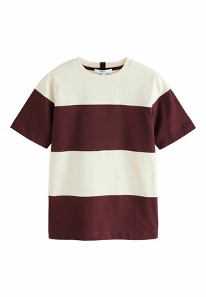 T-shirt med korte ærmer og brede horisontale striber i creme og mørkebrun, rund halsudskæring, ensfarvet baggrund.