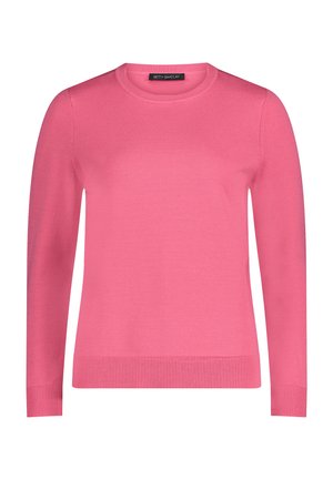 Różowy sweter dziany z okrągłym dekoltem, długimi rękawami, ściągaczem na dole i przy mankietach; gładka tekstura, wykonany z lekkiego materiału.