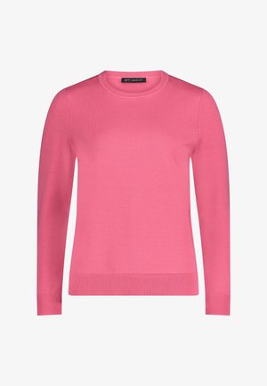 Różowy sweter dziany z okrągłym dekoltem, długimi rękawami, ściągaczem na dole i przy mankietach; gładka tekstura, wykonany z lekkiego materiału.