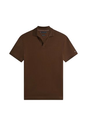 Brun kortærmet polo med ribbet krave og ærmekanter, med lille logo på venstre ærme.