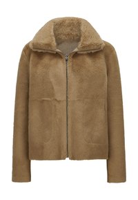 Beige Kunstfelljacke mit Reißverschluss vorne, großem Kragen und lockerer Passform. Sie verfügt über eine glatte Textur und zwei Fronttaschen.