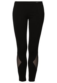 Leggings atletici neri con una texture liscia, dotati di pannelli in rete sui lati e un design aderente. Include una tasca con zip discreta.