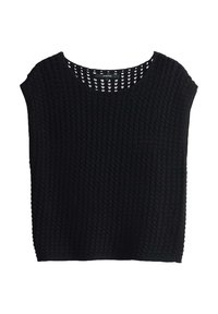 Musta lyhythihainen paita, joka on valmistettu rakenteellisesta neulekankaasta. Siinä on leveä kaula-aukko ja löysä siluetti, jossa on ruutukuosi.