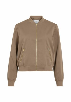 Taubenfarbene Bomberjacke mit goldenem Frontreißverschluss, zwei zipfigen Seitentaschen, gerippten Bündchen, Kragen und Saum.