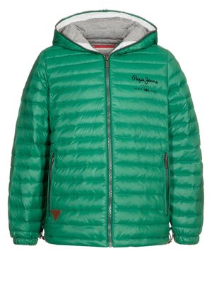 Veste matelassée verte avec capuche, fermeture éclair frontale, poches latérales zippées, doublure intérieure grise de la capuche et logo brodé noir sur la poitrine.