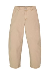 Khaki cargobroek met een losse pasvorm, gemaakt van katoen. Voorzien van een tailleband met knoopsluiting, zijzakken en opgerolde boorden.