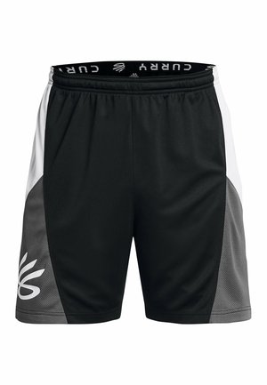 Zwarte sportshorts met grijze en witte zijpanelen en een wit logo op het linkerbeen, elastische tailleband met de tekst "CURRY" erin.