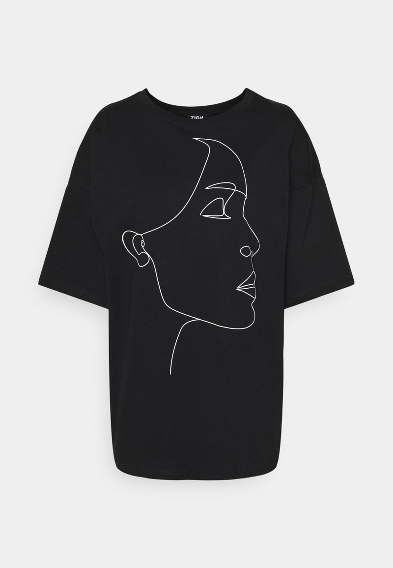 T-shirt noir à manches courtes avec un dessin en ligne blanche continue du profil latéral d'une femme sur le devant.