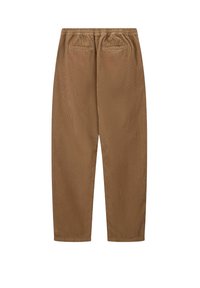 Pantalons en velours côtelé marron avec une taille élastique et deux poches passepoilées à l'arrière, présentés à plat vu de dos sur un fond blanc.