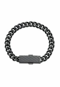 Bracelet chaîne en métal noir avec des maillons entrelacés et un fermoir texturé. Finition lisse avec un accent de motif tissé sur le fermoir.