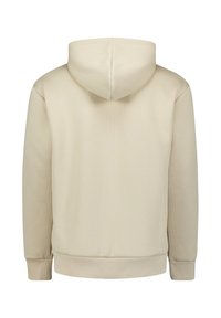 Beige hoodie met geribbelde structuur, standaard pasvorm en elastische manchetten. Heeft een middennaad aan de achterkant en geen zichtbare branding.