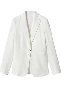 Blazer bianco realizzato in tessuto leggero, caratterizzato da rever a punta, chiusura a un bottone e due tasche frontali con una texture liscia.