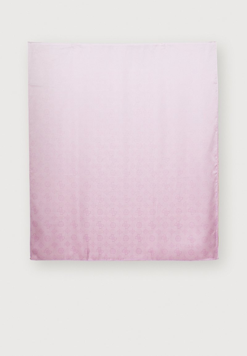 Écharpe en soie rose avec un effet ombragé, présentant un motif répétitif subtil, une texture lisse et des bords cousus. Dimensions : carrée.
