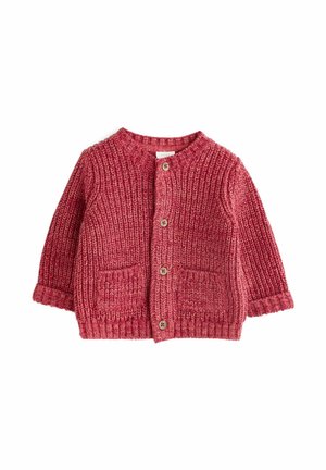 Cardigan per neonati lavorato a maglia in bordeaux, con scollatura tonda, chiusura con cinque bottoni, due tasche frontali e polsini e orlo a coste.
