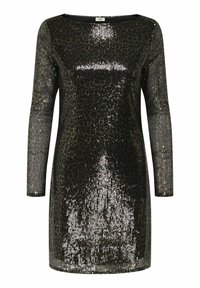Robe en sequins noire avec des manches longues, un col rond et une silhouette ajustée, présentant une surface texturée et scintillante.