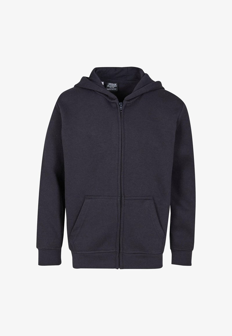 Haut à capuche zippé en coton mélangé de couleur gris foncé. Comprend une capuche spacieuse, des poches avant et des poignets côtelés. Texture douce avec un design décontracté.