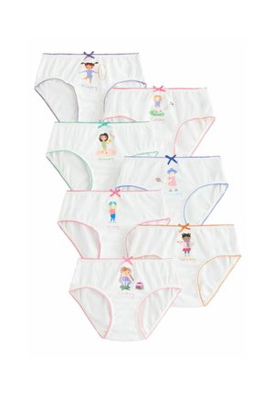 Set van zeven witte katoenen onderbroeken, elk met kleurrijke rand en illustraties die de dagen van de week en speelse activiteiten voorstellen.