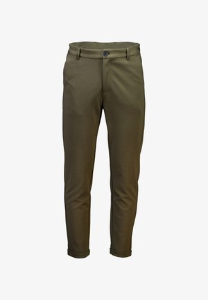 Olijfgroene broek van gladde stof, met een knoopsluiting, riemlussen en opgerolde mouwen voor een perfect passende uitstraling.