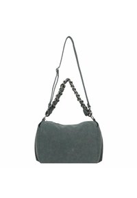 Tmavě šedá taška z měkké semišové kůže, vybavená dlouhým texturovaným uchem s řetízkovými ozdobami a zipovým uzávěrem na vrchu.