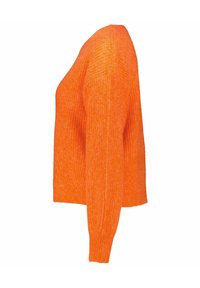 Pulover portocaliu din tricot, cu o croială lejeră, textură ribbed și mâneci lungi. Prezintă un design scurt și un aspect moale și pufoș. 