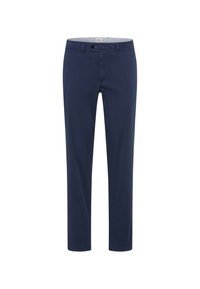 Marineblauwe katoenen broek met een slim fit, voorzien van een ritssluiting, knoopsluiting en een subtiele gestreepte voering aan de tailleband.