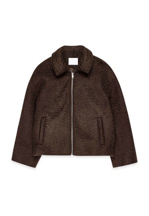 Dark brown textured zip-up jacket with wide collar and two front welt pockets, laid flat on a white background.