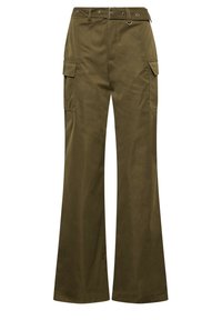 Olijfgroene cargo pants met een hoge taille, brede pijpen, meerdere zijzakken en metalen hardware accenten op de tailleband.