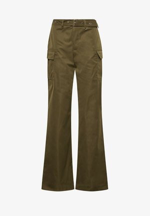 Olive zielenone spodnie cargo z wysokim stanem, szerokimi nogawkami, wieloma bocznymi kieszeniami i metalowymi detalami na pasku.