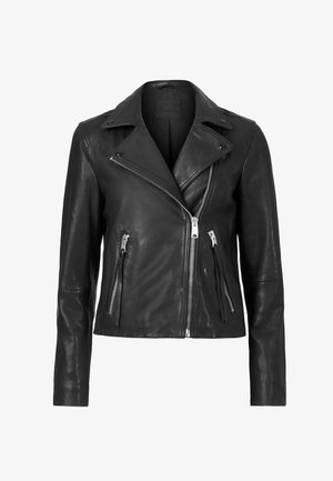 Black leather motorcycle jacket featuring an asymmetrical zipper, notched lapels, and two zippered front pockets. Smooth texture, fitted design.