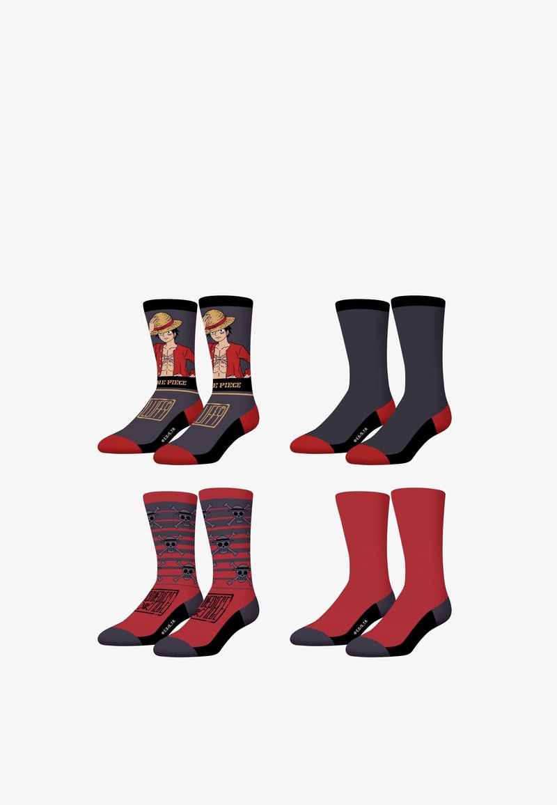 Quatre paires de chaussettes pour équipage en rouge, noir et gris ; deux comportent un personnage de pirate en dessin animé, deux ont des motifs de tête de mort et os croisés, et deux sont unies.