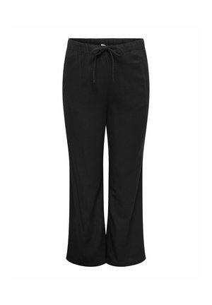 Czarne spodnie z szerokimi nogawkami z elastycznym pasem i sznurkiem, wykonane z miękkiego materiału, prezentowane na białym tle.