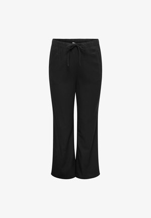 Schwarze, weit geschnittene Hose mit elastischem Bund und Kordelzug, hergestellt aus einem weichen Stoff, vor weißem Hintergrund präsentiert.