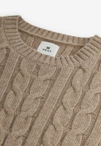 Pull en maille torsadée beige avec un col rond en côtes et un motif texturé. Confectionné dans un matériau doux et épais avec des variations subtiles de ton.