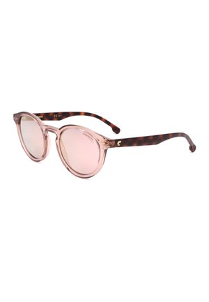 Occhiali da sole rotondi con montatura traslucida rosa chiaro e aste marroni con motivo tartarugato su sfondo bianco.