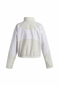 Cropped jacket in light gray and white, featuring a stand-up collar, elastic waistband, and contrasting panels on the back and sleeves.