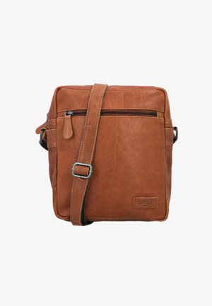 Borsa a tracolla in pelle marrone con tasca anteriore con zip, tracolla regolabile e superficie texturizzata. Presenta un dettaglio del logo sul davanti.