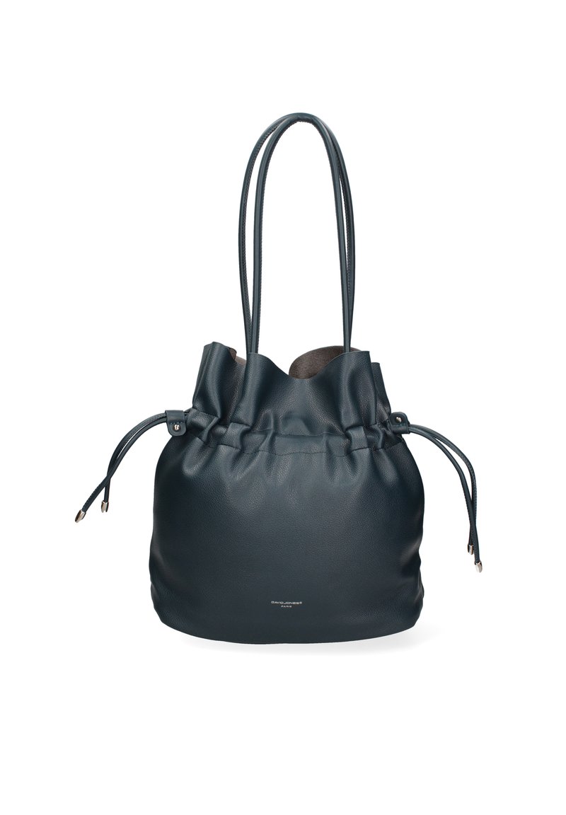 Borsa a secchiello in pelle di colore blu scuro, con bordo superiore arricciato, lacci regolabili e texture liscia. Presenta manici eleganti e allungati.