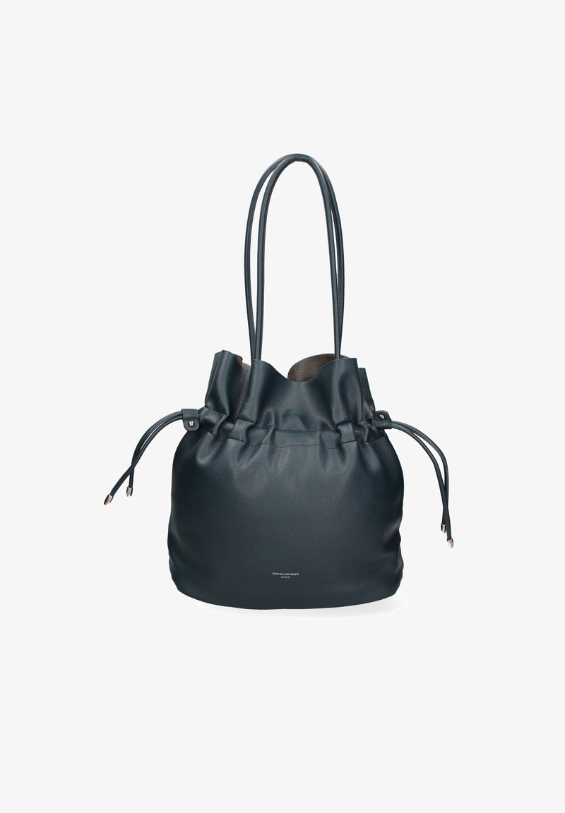 Borsa a secchiello in pelle di colore blu scuro, con bordo superiore arricciato, lacci regolabili e texture liscia. Presenta manici eleganti e allungati.