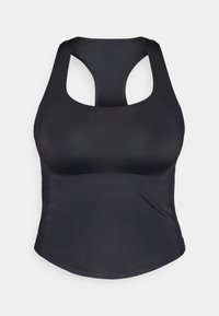 Μαύρο αθλητικό αμάνικο μπλουζάκι με σχέδιο racerback. Φτιαγμένο από λείο, ελαστικό ύφασμα, διαθέτει στρογγυλή φάσα και αφαιρούμενα μαξιλαράκια.