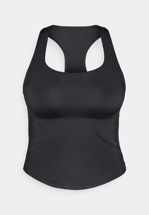 Μαύρο αθλητικό αμάνικο μπλουζάκι με σχέδιο racerback. Φτιαγμένο από λείο, ελαστικό ύφασμα, διαθέτει στρογγυλή φάσα και αφαιρούμενα μαξιλαράκια.