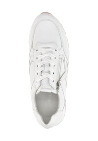 White leather sneaker with lace-up closure, featuring a side zipper and rounded toe. Smooth texture and padded collar. Minimalist design.