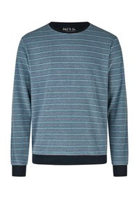 Pull en maille à col rond à manches longues pour hommes avec des fines rayures horizontales bleues et grises, des poignets et une ceinture noirs.