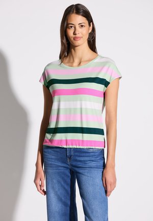 Top a maniche corte a righe nei toni di verde, rosa e verde scuro. Tessuto morbido con una vestibilità rilassata, caratterizzato da righe orizzontali e un collo tondo.