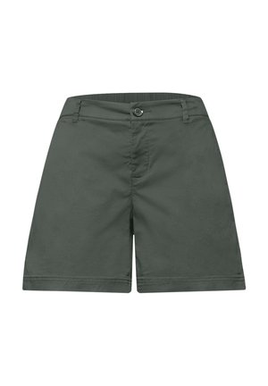 Donkergroene casual shorts met knoop- en ritssluiting, riemlussen en rechte zoom, getoond op een witte achtergrond.