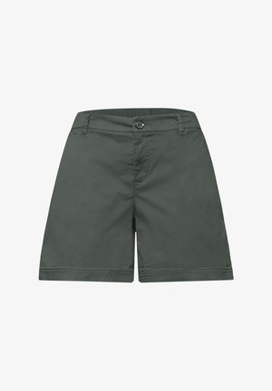 Donkergroene casual shorts met knoop- en ritssluiting, riemlussen en rechte zoom, getoond op een witte achtergrond.
