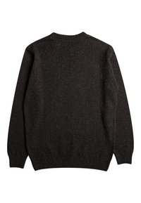 Ciemnobrązowy sweter wykonany na drutach, z okrągłym dekoltem, ściągaczami na mankietach i u dołu, z delikatnymi przebłyskami koloru w teksturowanym materiale.