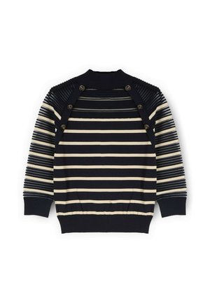 Zwart-beige gestreepte trui met lange mouwen, voorzien van geribbelde schouders en gespen met knopen over de bovenrug en mouwen.